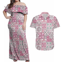 Mele Kalikimaka Hawaii Christmas Couples Matching Off Shoulder Maxi Dress and Hawaiian Shirt Akala Seamless Floral Motif - Polynesian Pride