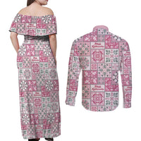 Mele Kalikimaka Hawaii Christmas Couples Matching Off Shoulder Maxi Dress and Long Sleeve Button Shirt Akala Seamless Floral Motif - Polynesian Pride