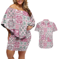 Mele Kalikimaka Hawaii Christmas Couples Matching Off Shoulder Short Dress and Hawaiian Shirt Akala Seamless Floral Motif - Polynesian Pride