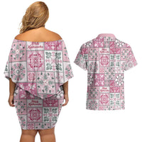 Mele Kalikimaka Hawaii Christmas Couples Matching Off Shoulder Short Dress and Hawaiian Shirt Akala Seamless Floral Motif - Polynesian Pride