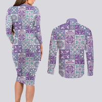 Mele Kalikimaka Hawaii Christmas Couples Matching Long Sleeve Bodycon Dress and Long Sleeve Button Shirt Poni Seamless Floral Motif - Polynesian Pride