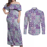 Mele Kalikimaka Hawaii Christmas Couples Matching Off Shoulder Maxi Dress and Long Sleeve Button Shirt Poni Seamless Floral Motif - Polynesian Pride