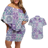 Mele Kalikimaka Hawaii Christmas Couples Matching Off Shoulder Short Dress and Hawaiian Shirt Poni Seamless Floral Motif LT9 Purple - Polynesian Pride