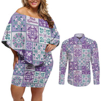 Mele Kalikimaka Hawaii Christmas Couples Matching Off Shoulder Short Dress and Long Sleeve Button Shirt Poni Seamless Floral Motif - Polynesian Pride