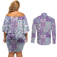 Mele Kalikimaka Hawaii Christmas Couples Matching Off Shoulder Short Dress and Long Sleeve Button Shirt Poni Seamless Floral Motif - Polynesian Pride