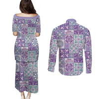 Mele Kalikimaka Hawaii Christmas Couples Matching Puletasi and Long Sleeve Button Shirt Poni Seamless Floral Motif - Polynesian Pride