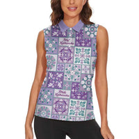 Mele Kalikimaka Hawaii Christmas Women Sleeveless Polo Shirt Poni Seamless Floral Motif - Polynesian Pride
