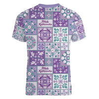 Mele Kalikimaka Hawaii Christmas Women V-Neck T-Shirt Poni Seamless Floral Motif - Polynesian Pride