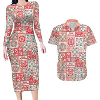Mele Kalikimaka Hawaii Christmas Couples Matching Long Sleeve Bodycon Dress and Hawaiian Shirt Ulaula Seamless Floral Motif - Polynesian Pride