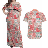 Mele Kalikimaka Hawaii Christmas Couples Matching Off Shoulder Maxi Dress and Hawaiian Shirt Ulaula Seamless Floral Motif - Polynesian Pride