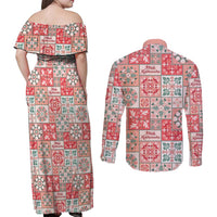 Mele Kalikimaka Hawaii Christmas Couples Matching Off Shoulder Maxi Dress and Long Sleeve Button Shirt Ulaula Seamless Floral Motif - Polynesian Pride