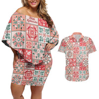 Mele Kalikimaka Hawaii Christmas Couples Matching Off Shoulder Short Dress and Hawaiian Shirt Ulaula Seamless Floral Motif - Polynesian Pride