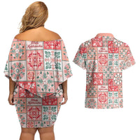 Mele Kalikimaka Hawaii Christmas Couples Matching Off Shoulder Short Dress and Hawaiian Shirt Ulaula Seamless Floral Motif - Polynesian Pride
