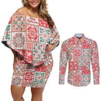 Mele Kalikimaka Hawaii Christmas Couples Matching Off Shoulder Short Dress and Long Sleeve Button Shirt Ulaula Seamless Floral Motif - Polynesian Pride