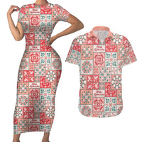 Mele Kalikimaka Hawaii Christmas Couples Matching Short Sleeve Bodycon Dress and Hawaiian Shirt Ulaula Seamless Floral Motif - Polynesian Pride