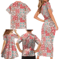 Mele Kalikimaka Hawaii Christmas Family Matching Short Sleeve Bodycon Dress and Hawaiian Shirt Ulaula Seamless Floral Motif - Polynesian Pride