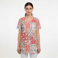 Mele Kalikimaka Hawaii Christmas Scrub Top Ulaula Seamless Floral Motif - Polynesian Pride