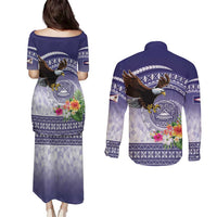 American Samoa Bald Eagle Couples Matching Puletasi and Long Sleeve Button Shirt Polynesian Tropical Flowers