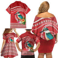 Wallis et Futuna Kingfisher Family Matching Off Shoulder Short Dress and Hawaiian Shirt Polynesian Tropical Flowers