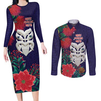 Maori Wheku Meri Kirihimete Personalised Couples Matching Long Sleeve Bodycon Dress and Long Sleeve Button Shirt All Blue Indigenous Maori Motif - Polynesian Pride