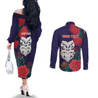 Maori Wheku Meri Kirihimete Personalised Couples Matching Off The Shoulder Long Sleeve Dress and Long Sleeve Button Shirt All Blue Indigenous Maori Motif - Polynesian Pride