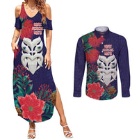 Maori Wheku Meri Kirihimete Personalised Couples Matching Summer Maxi Dress and Long Sleeve Button Shirt All Blue Indigenous Maori Motif - Polynesian Pride