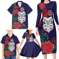 Maori Wheku Meri Kirihimete Personalised Family Matching Long Sleeve Bodycon Dress and Hawaiian Shirt All Blue Indigenous Maori Motif - Polynesian Pride