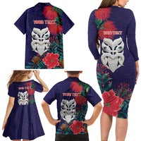 Maori Wheku Meri Kirihimete Personalised Family Matching Long Sleeve Bodycon Dress and Hawaiian Shirt All Blue Indigenous Maori Motif - Polynesian Pride