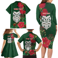 Maori Wheku Meri Kirihimete Personalised Family Matching Long Sleeve Bodycon Dress and Hawaiian Shirt All Green Indigenous Maori Motif - Polynesian Pride