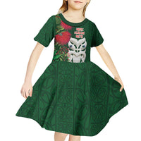 Maori Wheku Meri Kirihimete Personalised Kid Short Sleeve Dress All Green Indigenous Maori Motif - Polynesian Pride