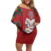 Maori Wheku Meri Kirihimete Personalised Family Matching Off Shoulder Short Dress and Hawaiian Shirt All Red Indigenous Maori Motif - Polynesian Pride
