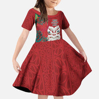 Maori Wheku Meri Kirihimete Personalised Family Matching Short Sleeve Bodycon Dress and Hawaiian Shirt All Red Indigenous Maori Motif - Polynesian Pride