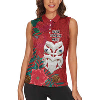 Maori Wheku Meri Kirihimete Personalised Women Sleeveless Polo Shirt All Red Indigenous Maori Motif - Polynesian Pride