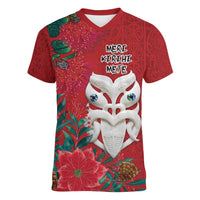 Maori Wheku Meri Kirihimete Personalised Women V-Neck T-Shirt All Red Indigenous Maori Motif - Polynesian Pride