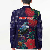 Tui Meri Kirihimete Personalised Blazer Pohutukawa Flowers Blue Motif - Polynesian Pride