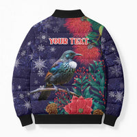 Tui Meri Kirihimete Personalised Bomber Puffer Jacket Pohutukawa Flowers Blue Motif LT9 - Polynesian Pride