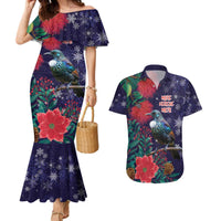 Tui Meri Kirihimete Personalised Couples Matching Mermaid Dress and Hawaiian Shirt Pohutukawa Flowers Blue Motif - Polynesian Pride