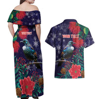 Tui Meri Kirihimete Personalised Couples Matching Off Shoulder Maxi Dress and Hawaiian Shirt Pohutukawa Flowers Blue Motif - Polynesian Pride