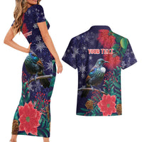 Tui Meri Kirihimete Personalised Couples Matching Short Sleeve Bodycon Dress and Hawaiian Shirt Pohutukawa Flowers Blue Motif - Polynesian Pride