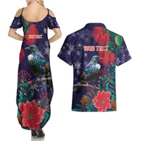 Tui Meri Kirihimete Personalised Couples Matching Summer Maxi Dress and Hawaiian Shirt Pohutukawa Flowers Blue Motif - Polynesian Pride