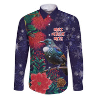 Tui Meri Kirihimete Personalised Family Matching Long Sleeve Bodycon Dress and Hawaiian Shirt Pohutukawa Flowers Blue Motif - Polynesian Pride