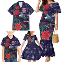 Tui Meri Kirihimete Personalised Family Matching Mermaid Dress and Hawaiian Shirt Pohutukawa Flowers Blue Motif - Polynesian Pride