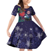 Tui Meri Kirihimete Personalised Family Matching Off Shoulder Short Dress and Hawaiian Shirt Pohutukawa Flowers Blue Motif - Polynesian Pride