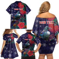 Tui Meri Kirihimete Personalised Family Matching Off Shoulder Short Dress and Hawaiian Shirt Pohutukawa Flowers Blue Motif - Polynesian Pride