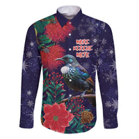 Tui Meri Kirihimete Personalised Family Matching Puletasi and Hawaiian Shirt Pohutukawa Flowers Blue Motif - Polynesian Pride