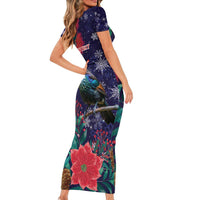 Tui Meri Kirihimete Personalised Family Matching Short Sleeve Bodycon Dress and Hawaiian Shirt Pohutukawa Flowers Blue Motif - Polynesian Pride