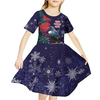 Tui Meri Kirihimete Personalised Kid Short Sleeve Dress Pohutukawa Flowers Blue Motif - Polynesian Pride