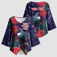 Tui Meri Kirihimete Personalised Kimono Sleeve Blouse Pohutukawa Flowers Blue Motif - Polynesian Pride