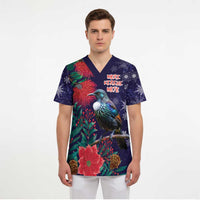 Tui Meri Kirihimete Personalised Scrub Top Pohutukawa Flowers Blue Motif - Polynesian Pride