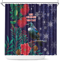 Tui Meri Kirihimete Personalised Shower Curtain Pohutukawa Flowers Blue Motif - Polynesian Pride
